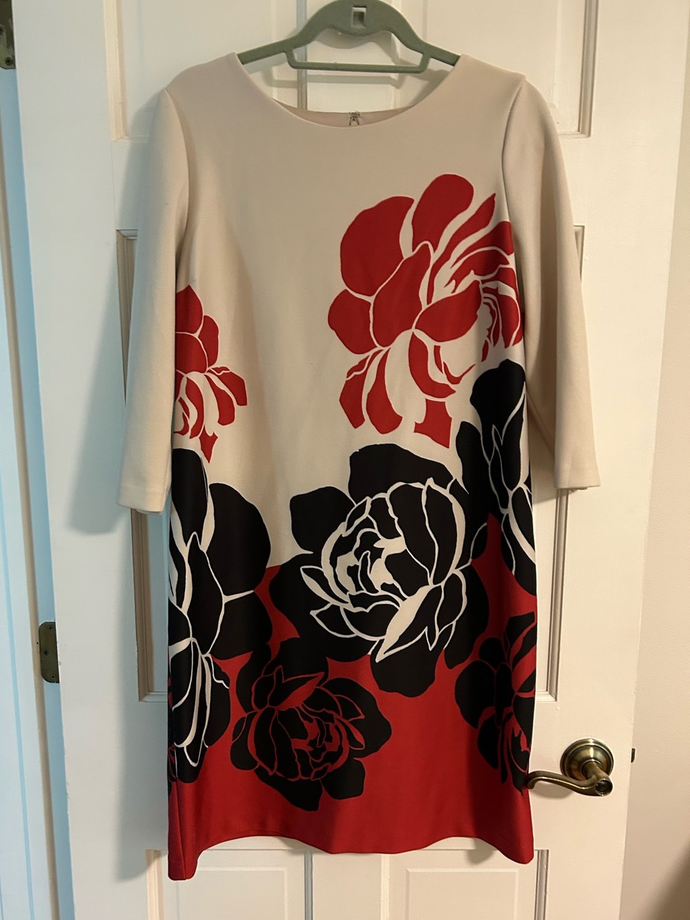 Chico's Cream, Red & Black Floral Long Sleeve Shift Dress